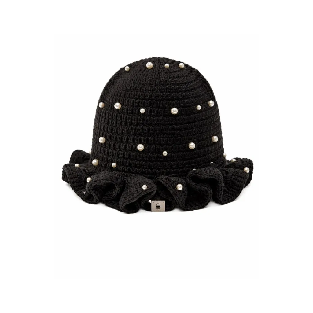 [CH-103BK] Onyx Selection Pearl Crochet Ruffle Hat 6CT (Black)