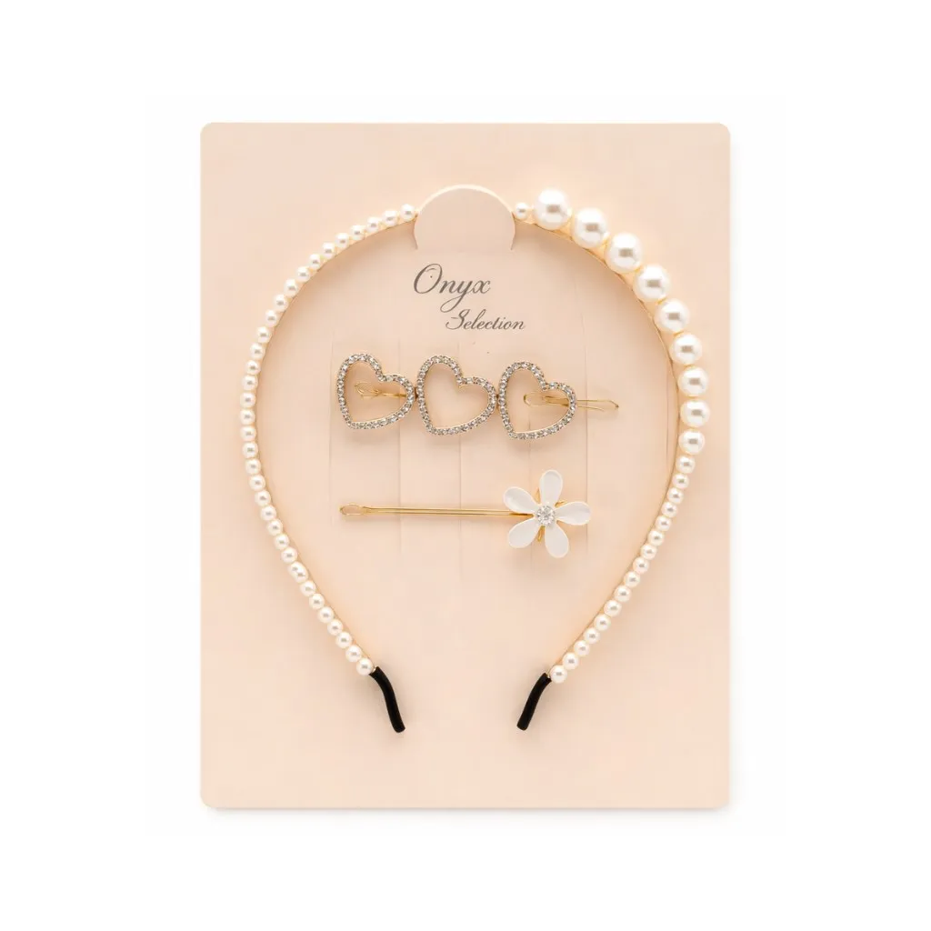 [HS-1001] Onyx Selection Pearl Headband & Hair Clip Set12CT (Style 1)